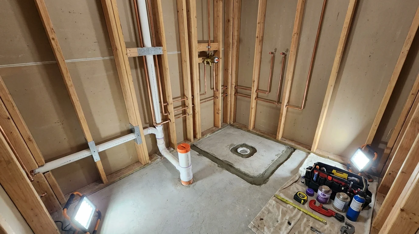 Bathroom rough-in plumbing during remodel by Johns Plumbing LLC in Dalton