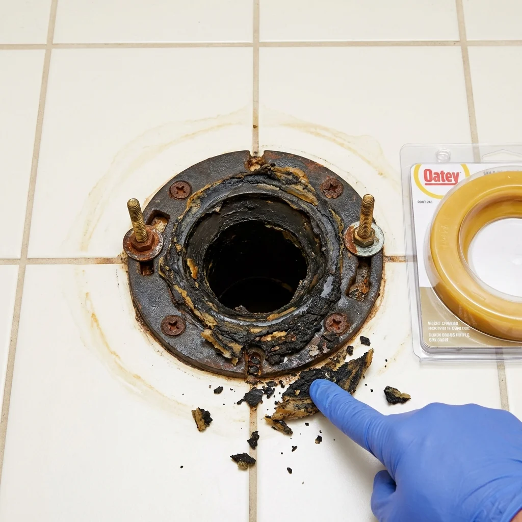 Failed wax ring showing water seepage at the base of a toilet in a Dalton, MA home
