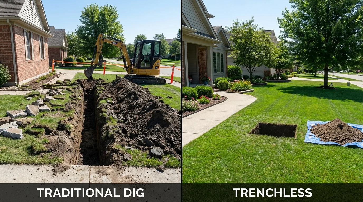Trenchless sewer repair with minimal yard damage versus traditional excavation in Dalton, MA